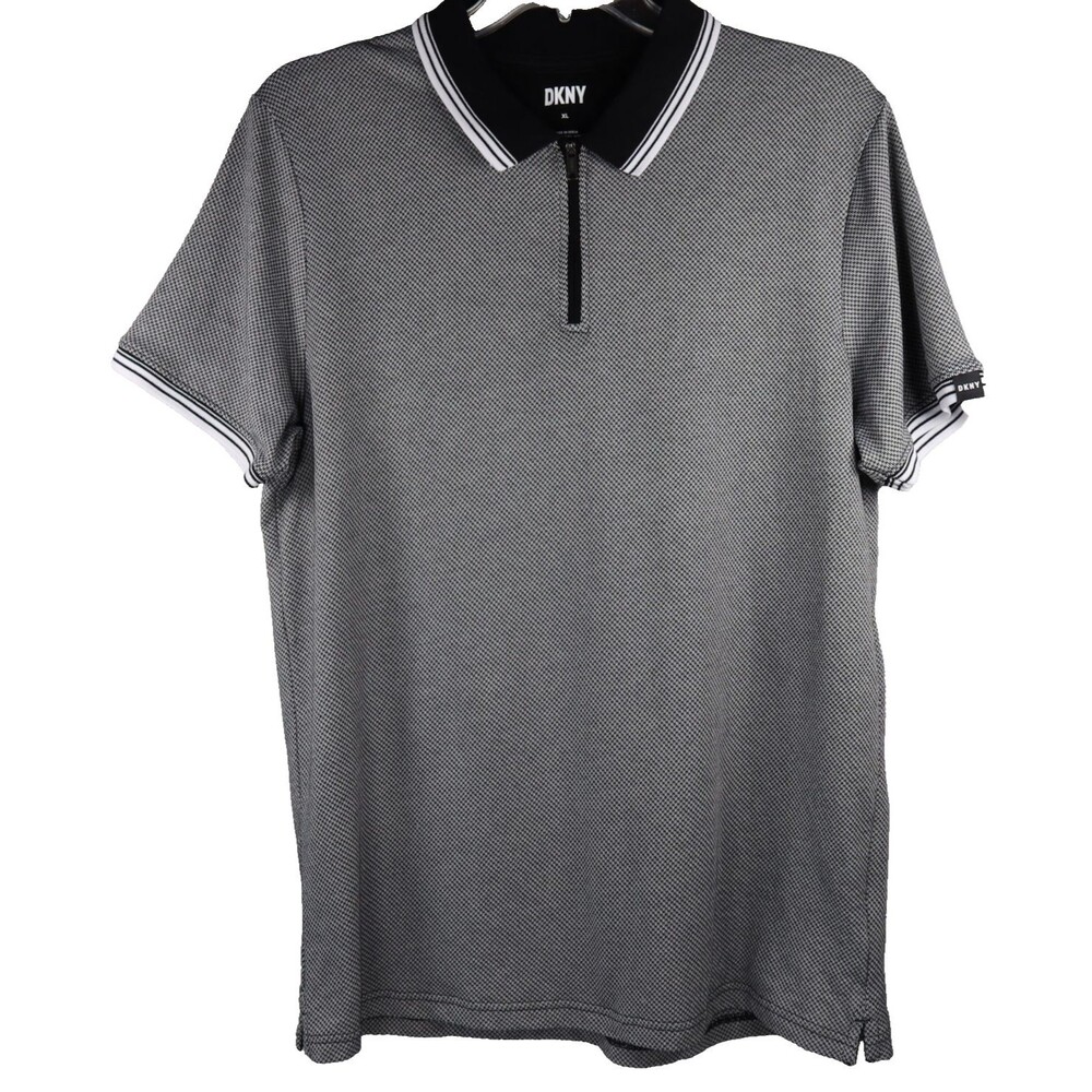 DKNY Textured Knit Polo Shirt 1/4 Zip Closure Men's Sz XL Khaki with Black Trim